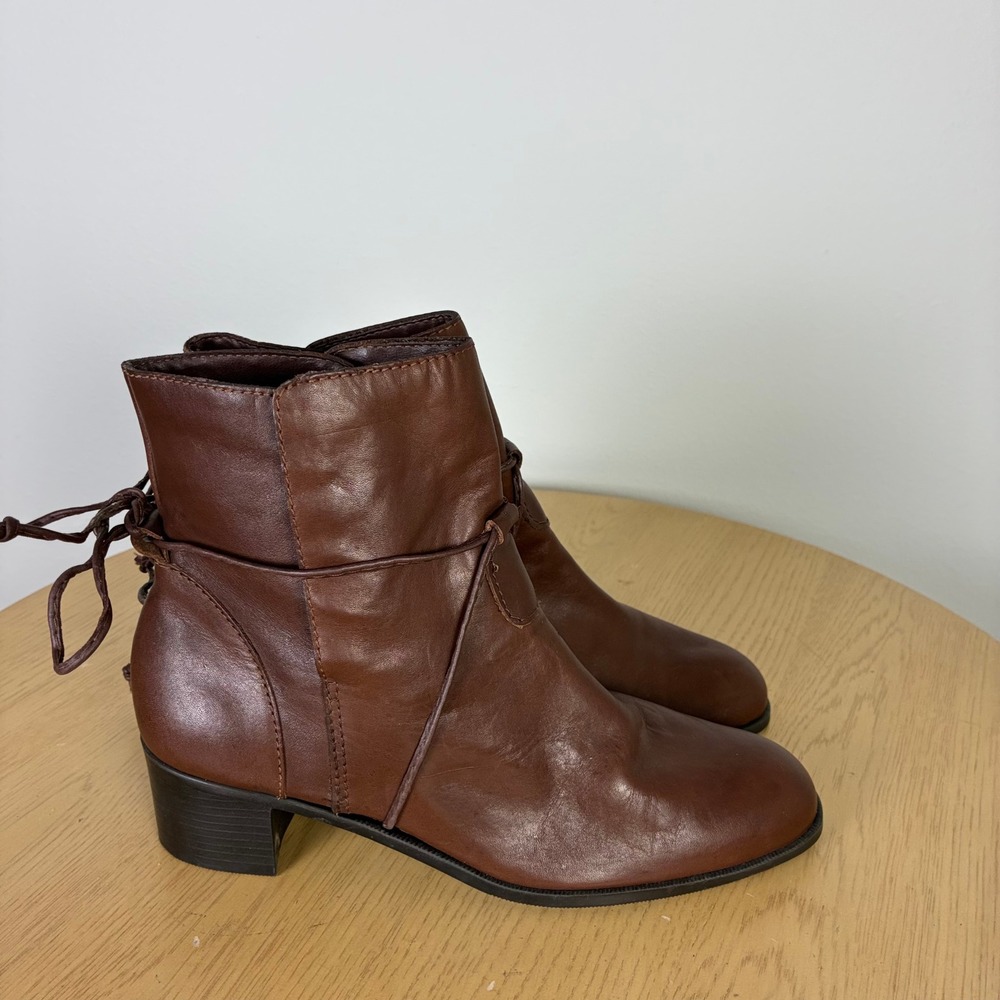 Calico Leather Ankle Boots Wrap Tie Back Block Heel Booties Women's 8 Fall